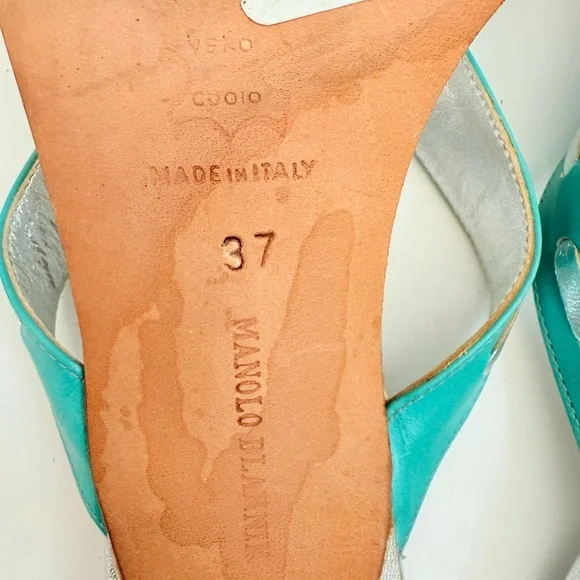Manolo Blahnik Silver Turquoise Leather Vintage crystal thong sandals EU37 US 7 - Picture 8 of 10